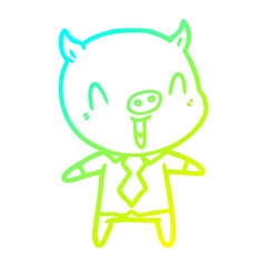 cold gradient line drawing happy cartoon pig wearing shirt and tie