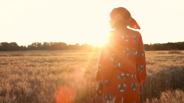 HD Video clip of African woman farmer in traditional clothes standing in a field of crops, wheat or barley, in Africa at sunset or sunrise