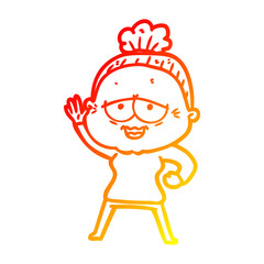 warm gradient line drawing cartoon happy old lady