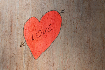 Love heart hand and love text painted on a trunk tree. Love concept
