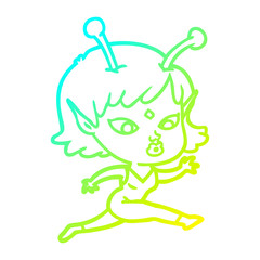 Fototapeta premium cold gradient line drawing pretty cartoon alien girl running