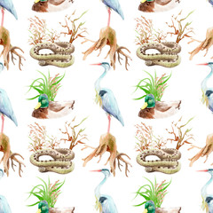 watercolor drawing Pond, lake, swamp - seamless pattern