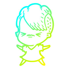 cold gradient line drawing cartoon annoyed hipster girl