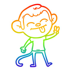 rainbow gradient line drawing funny cartoon monkey making peace sign