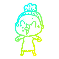 cold gradient line drawing cartoon happy old woman