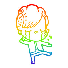 rainbow gradient line drawing cartoon crying girl wearing space clothes