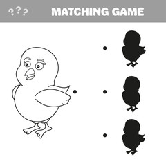 Shadow matching educational game for children. Find the right shadow. Activity for preschool kids and todders. Cartoon chicken