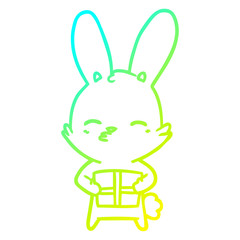 cold gradient line drawing curious bunny cartoon with present
