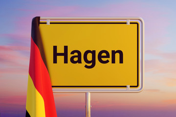 Hagen. Gelbes Schild/Ortsschild. Flagge von Deutschland hÃ¤ngt darÃ¼ber. Himmel mit Sonnenuntergang oder Sonnenaufgang