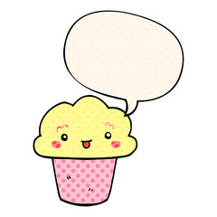 cartoon cupcake and face and speech bubble in comic book style