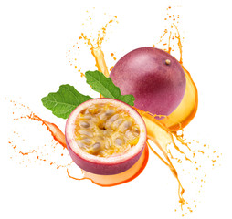 passion fruits with leaf in juice splash isolated on a white background