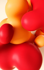 3d rendering illustration. Abstract smooth liquid art. Vertical background design for stories and graphic design projects. Balls and bubbles. Happy summer party mood. Yellow, orange and red shapes.