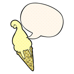 cartoon ice cream and speech bubble in comic book style