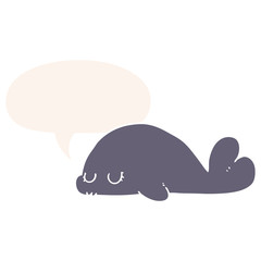 cute cartoon seal and speech bubble in retro style