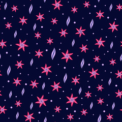 Vector seamless pattern of red stars and violet elements on the dark blue background