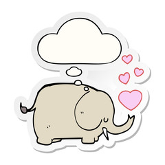 cute cartoon elephant with love hearts and thought bubble as a printed sticker