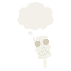 cartoon spooky skull and thought bubble in retro style