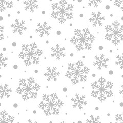 Christmas Seamless Pattern of Grey Snowflakes and Circles on White Backdrop.