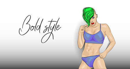 Bold style.Sporty girl with green hair and bold hairstyle