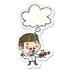cartoon wine expert and thought bubble as a distressed worn sticker