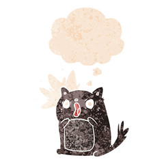 cartoon shocked cat and thought bubble in retro textured style