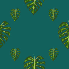 Monstera, green beautiful detailed leaves assembled into a seamless pattern.