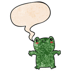 cartoon frog and speech bubble in retro texture style
