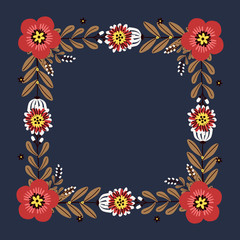 Floral greeting card and invitation template for wedding or birthday anniversary, Vector square shape of text box label and frame, Red flowers wreath ivy style with branch and leaves.