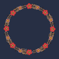 Floral greeting card and invitation template for wedding or birthday anniversary, Vector circle shape of text box label and frame, Red flowers wreath ivy style with branch and leaves.