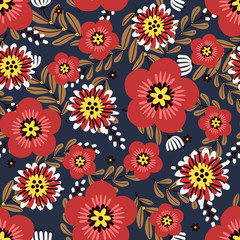 Floral vector artwork for apparel and fashion fabrics, Red flowers wreath ivy style with branch and leaves. Seamless patterns background.