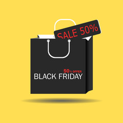 Black Friday concept Black paper cut bag with 50% offer tag Sale. Black friday banner for promote. Vector illustration isolated on yellow background