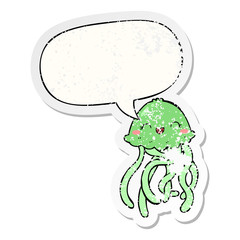 cute cartoon jellyfish and speech bubble distressed sticker