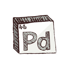 Vector three-dimensional hand drawn chemical gray-white symbol of palladium with an abbreviation Pd from the periodic table of the elements isolated on a white background.
