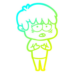 cold gradient line drawing cartoon exhausted boy
