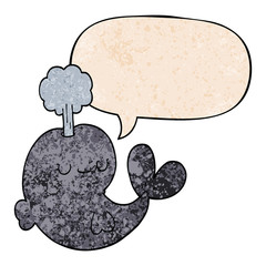 cute cartoon whale and speech bubble in retro texture style