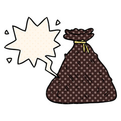 cartoon old hessian sack and speech bubble in comic book style