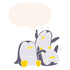 cartoon happy penguins and speech bubble in retro style