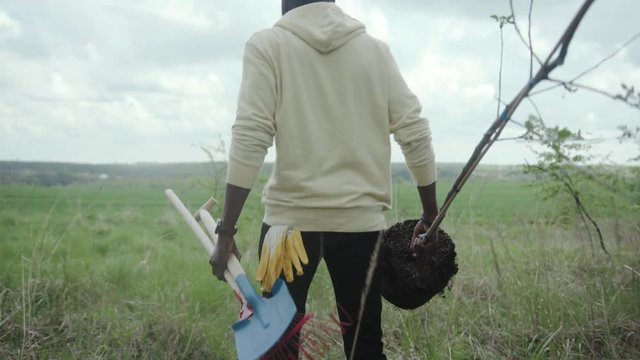 Close up shot back african american young man walk plant tree on field garden forest volunteering charity ecology seedling agriculture care environment leisure natural organic plantation slow motion