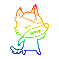 rainbow gradient line drawing cartoon wolf waving showing teeth