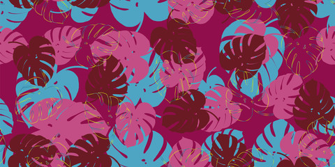Colored tropical foliage mostera seamless vector pattern background. Exotic wallpaper