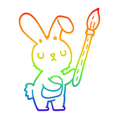 rainbow gradient line drawing cartoon rabbit with paint brush