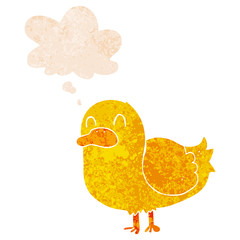 cartoon duck and thought bubble in retro textured style