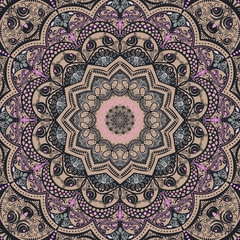 A fragment of the mandala. Brown-gray concentric pattern with pink elements on a brown-beige background. Plant and geometric elements, a sign of harmony and symmetry.