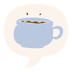 cartoon hot cup of coffee and speech bubble in retro style