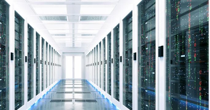 3D Render of Fly Through Rack Servers in Data Center. Digitalization of Global Big Information