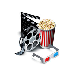 Cinema art movie watching with popcorn, 3d glasses and film-strip cinematography concept. Eps10 realistic vector illustration.