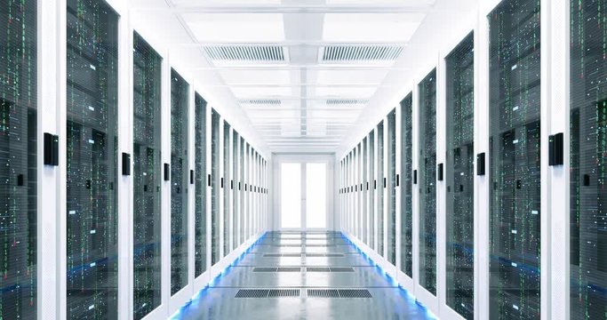 3D Render of Fly Through Rack Servers in Data Center. Digitalization of Global Big Information