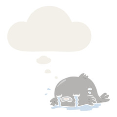 cartoon crying fish and thought bubble in retro style
