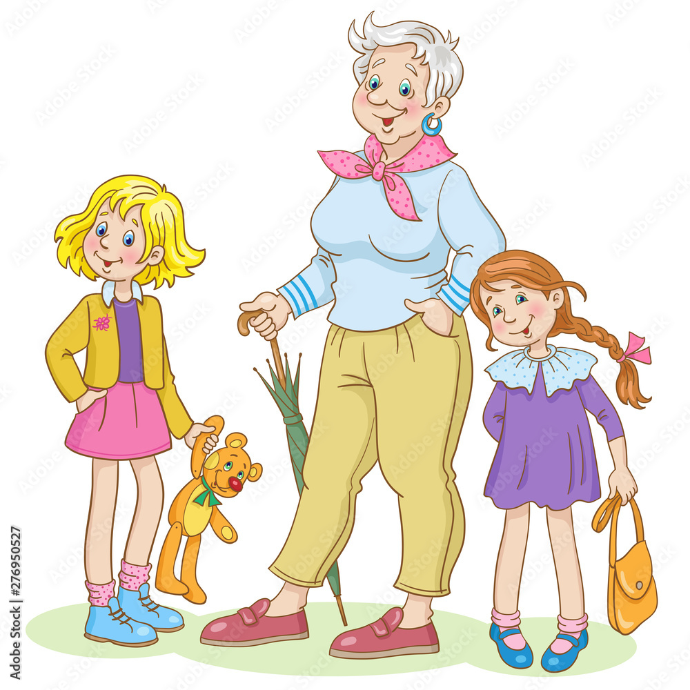 Sticker Fashionable grandmother with two granddaughters.  In cartoon style. Isolated on white background.