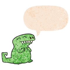 cartoon dinosaur and speech bubble in retro textured style